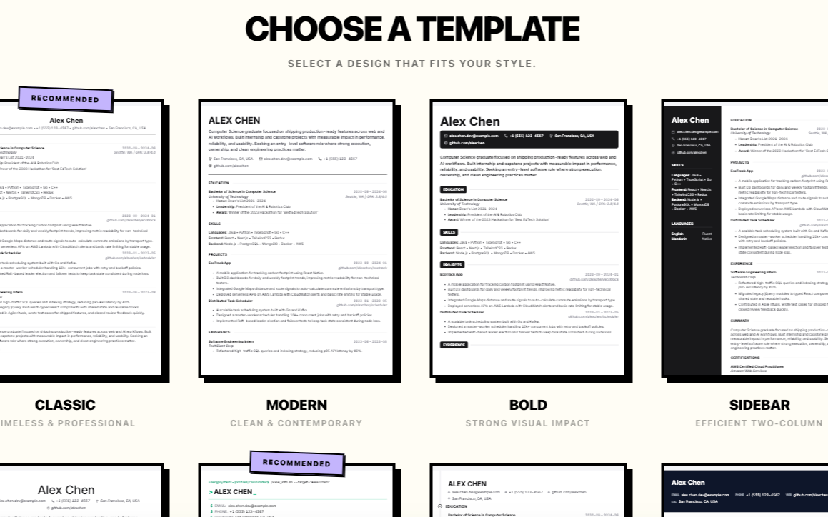Template selection page screenshot