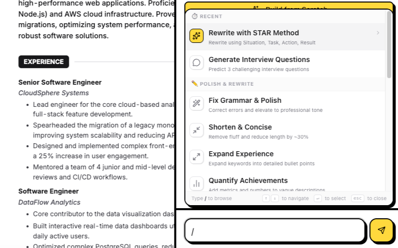 AI chat quick action menu screenshot
